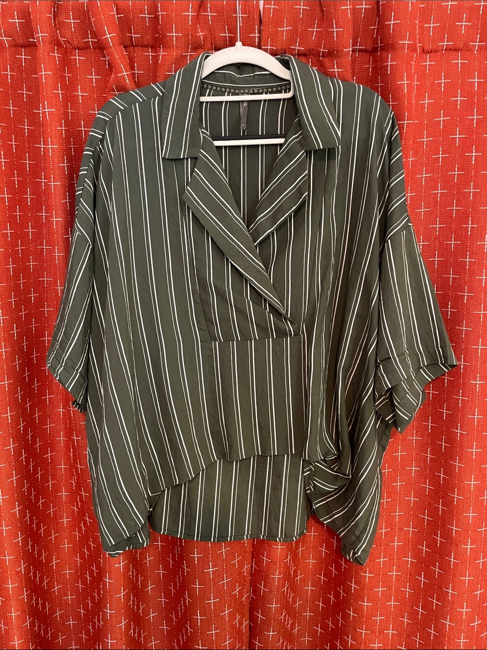 Anthropologie Olive Green and White Striped Draped Dolman Top